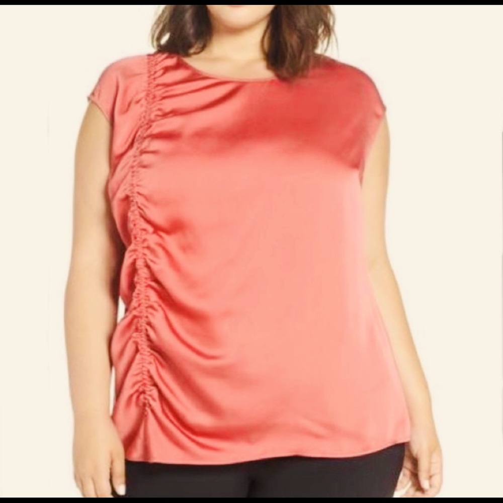 Sejour Satin Shell Blouse Side Ruching 1X Coral